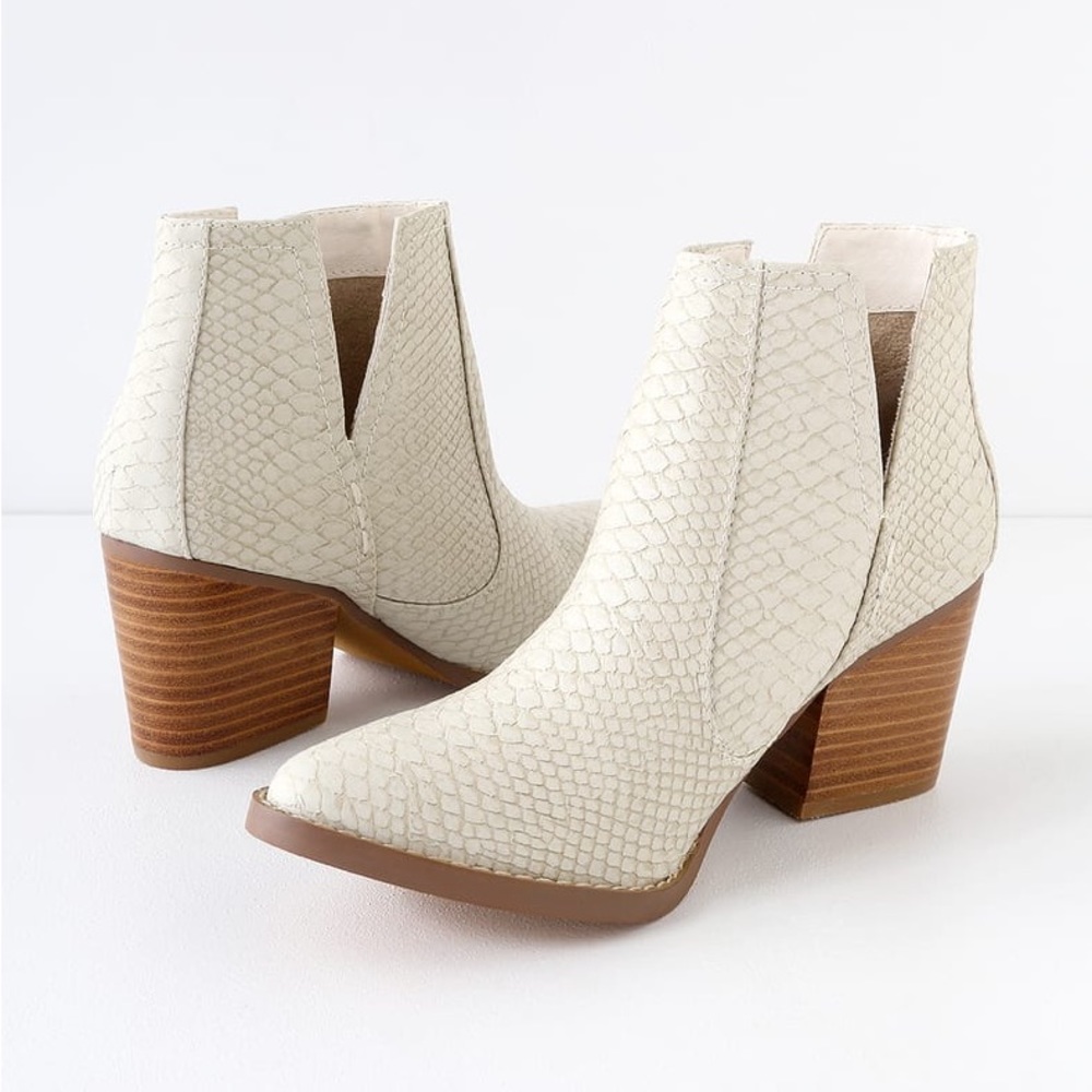 Women’s Cream Snake Embossed Ankle Booties (never worn!)